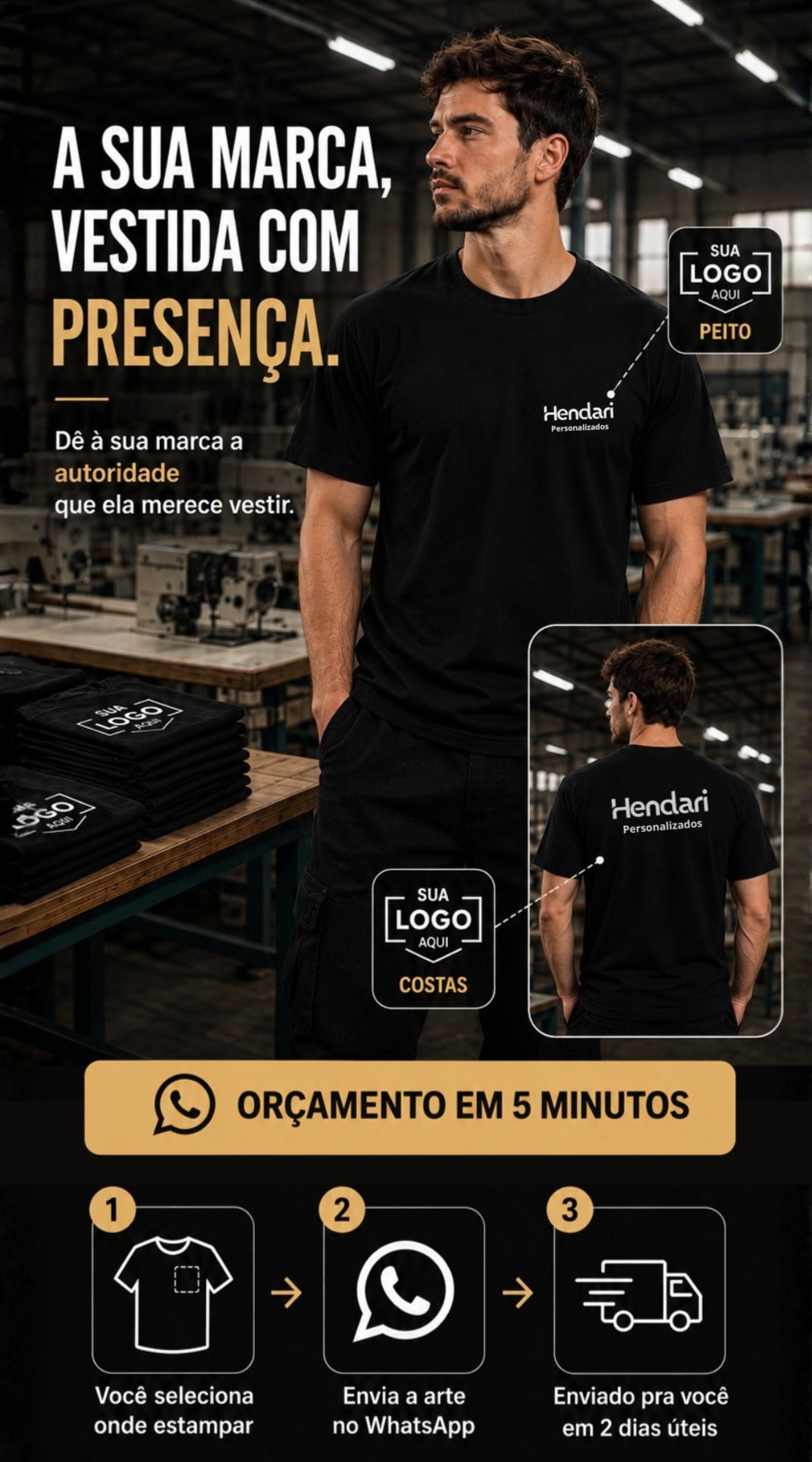 Camiseta preta com a logo da sua empresa estampada no peito e nas costas — do arquivo à camiseta pronta em 3 passos pelo WhatsApp